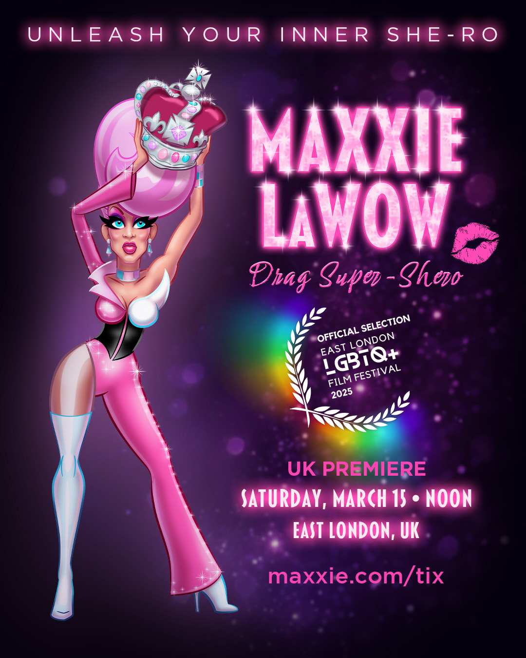 Promotional poster featuring the character Maxxie LaWow holding  a crown