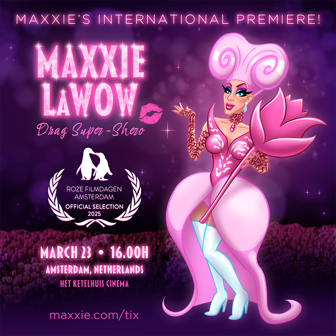 Promotional poster featuring the character Maxxie LaWow in a pink tulip inspired look