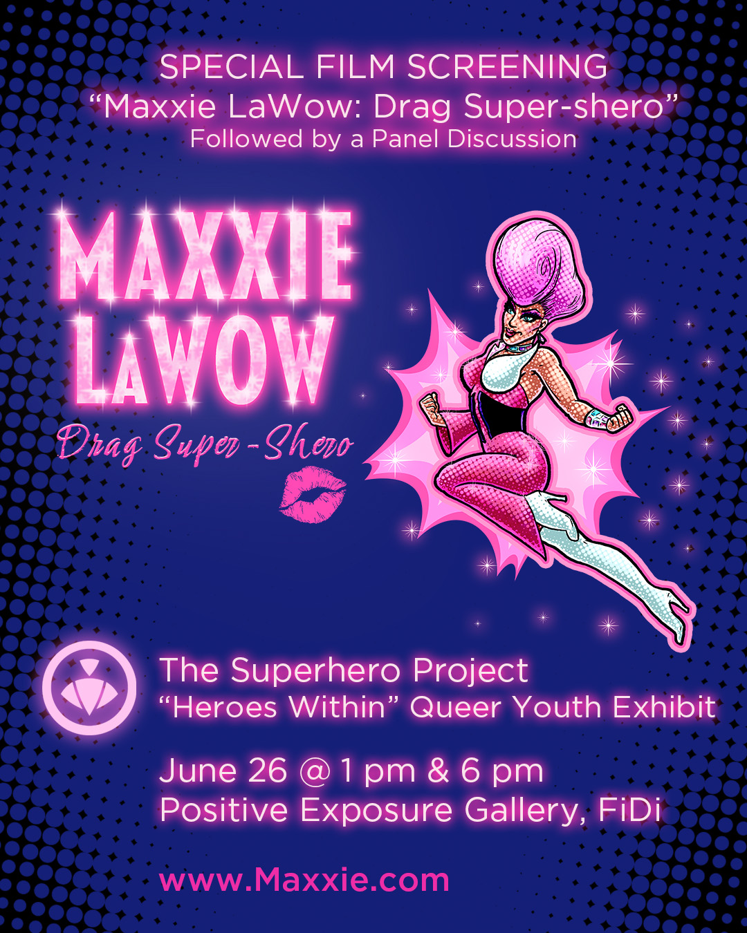 Promo poster featuring Maxxie in a comicbook style superhero pose with screening info